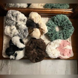SET OF 6 Classic Minky Hair Scrunchies Brown Pink Black Grey White Green GUC